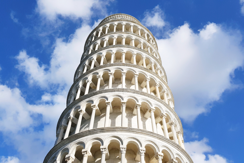 Close-up of the Leaning Tower of Pisa's marble arches